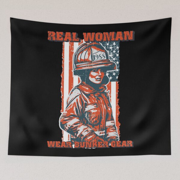 Item preview, Firefighter woman USA flag sarcastic saying Real woman wear bunker gear designed and sold by HomeCoquette.