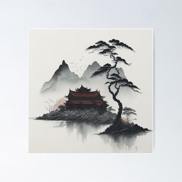 Muted Chinese Ink Painting Scroll · Creative Fabrica