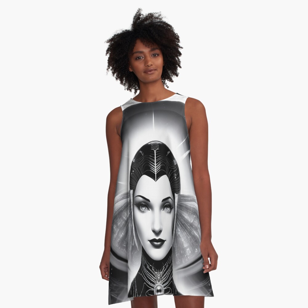 Art Deco Portrait Of Queen Demetra A Beautiful AI Concept Art Illustration by Xzendor7 A-Line Dress