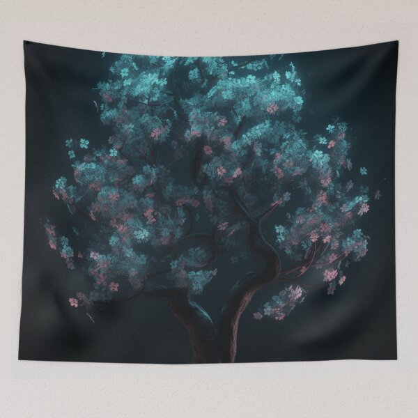 Item preview, Tree blossoms floating free stock illustrations, in the style of benoit b. mandelbrot, glowing neon, dark cyan, uhd image, naoto hattori, delicate flowers, highly detailed figures designed and sold by aiphotosart.