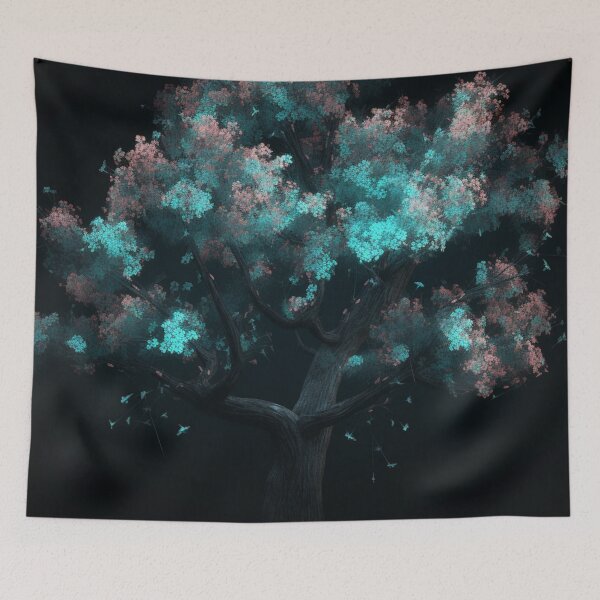 Item preview, Tree blossoms floating free stock illustrations, in the style of benoit b. mandelbrot, glowing neon, dark cyan, uhd image, naoto hattori, delicate flowers, highly detailed figures designed and sold by aiphotosart.