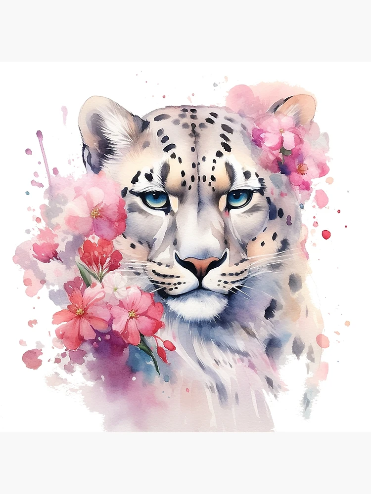 spotted watercolor snow leopard flowers Art Board Print for Sale by  nocturnalarts