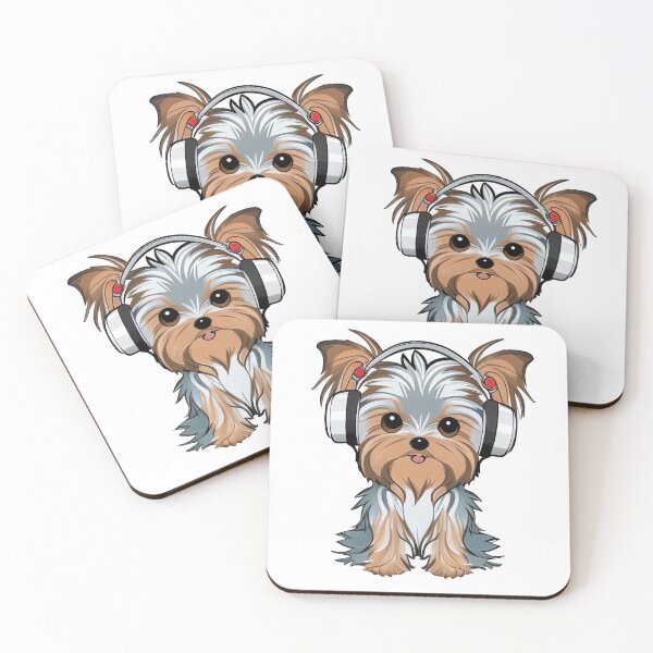 Item preview, Happy puppy yorkshire terrier wearing headphones designed and sold by joyandoman.