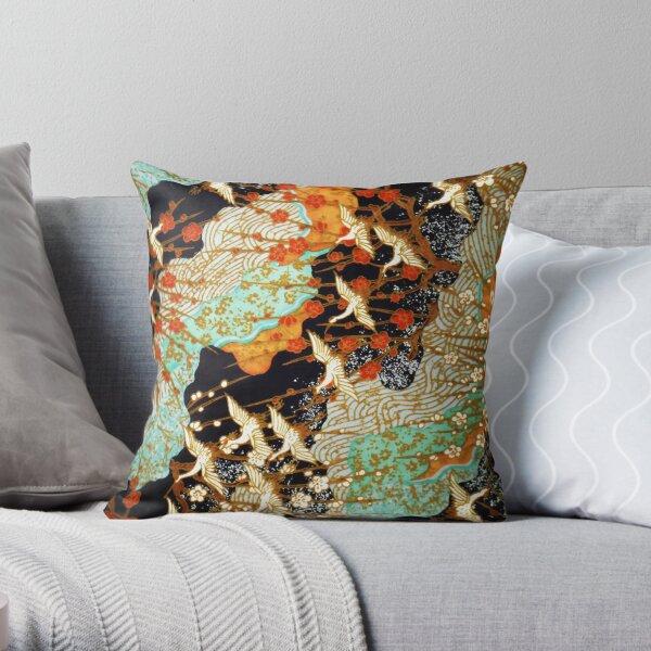 FLYING CRANES AND SPRING FLOWERS Antique Japanese Floral Throw Pillow