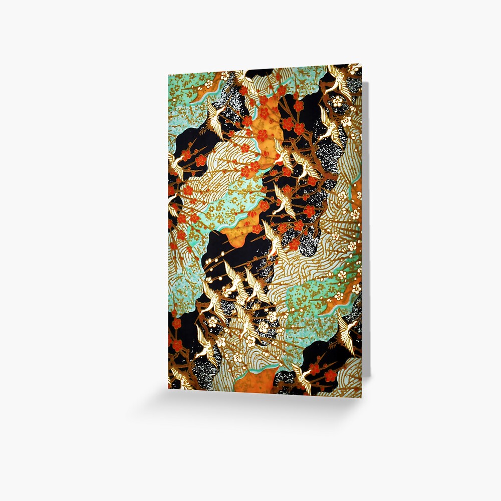 FLYING CRANES AND SPRING FLOWERS Antique Japanese Floral Greeting Card