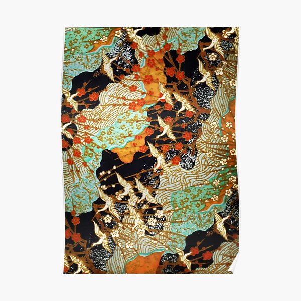 FLYING CRANES AND SPRING FLOWERS Antique Japanese Floral Poster