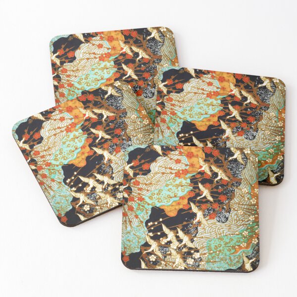 FLYING CRANES AND SPRING FLOWERS Antique Japanese Floral Coasters (Set of 4)