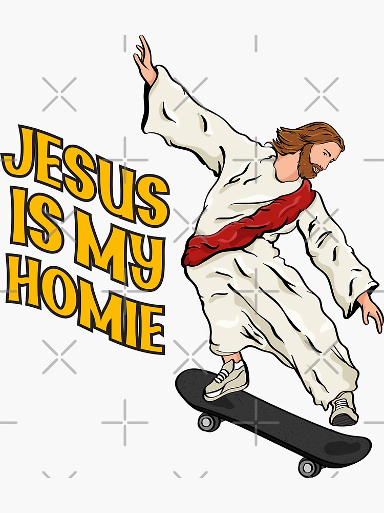 Thumbnail 3 of 3, Sticker, Jesus Skateboarding - Jesus Is My Homie designed and sold by ChristlikeMerch.
