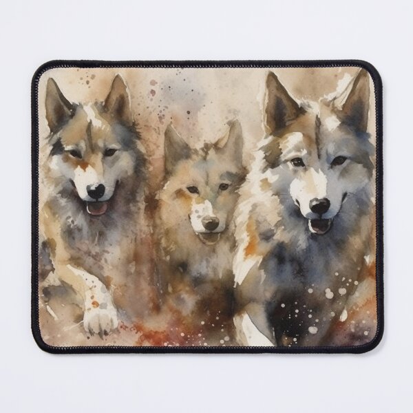 Item preview, Watercolor Running Huskies, 20" x 16" Front View, Colorful Ink Wash Painting, Light Silver & Brown, Serene Faces, Yup'ik Art Inspired designed and sold by stateofhuman.
