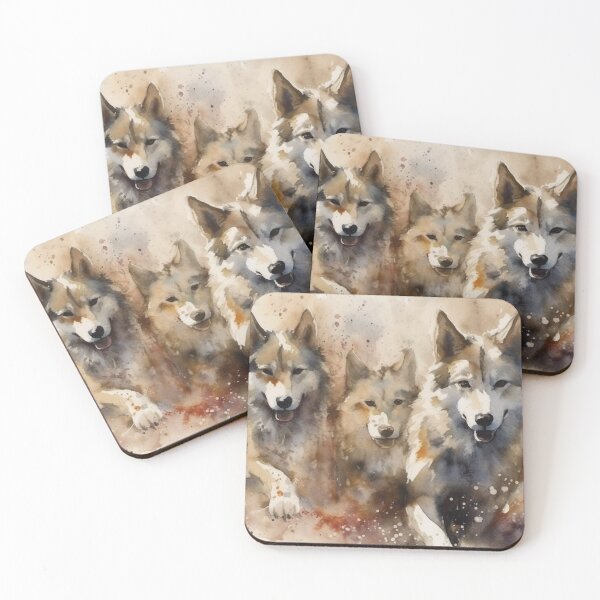 Item preview, Watercolor Running Huskies, 20" x 16" Front View, Colorful Ink Wash Painting, Light Silver & Brown, Serene Faces, Yup'ik Art Inspired designed and sold by stateofhuman.
