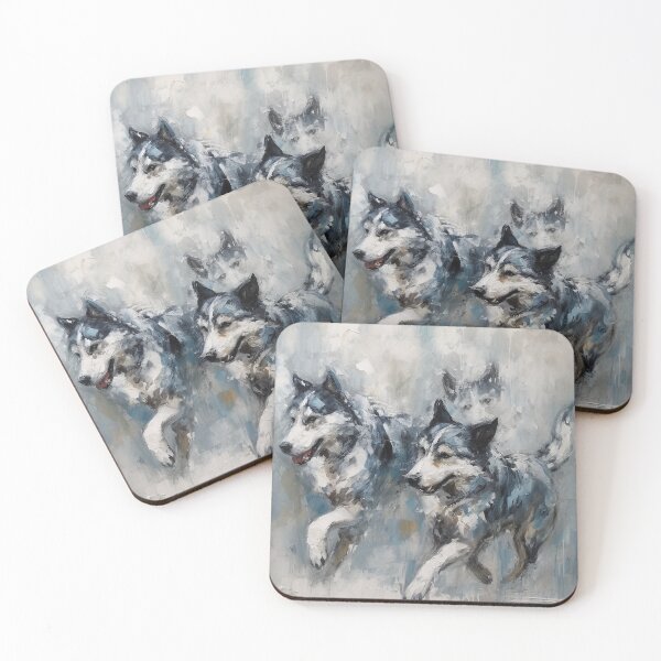 Item preview, Snowy Acrylic Huskies Running, 16" x 20" Canvas Art, Dark Silver & Aquamarine, Tanbi Kei Inspired, Emotive Brushwork, Oil Portraiture designed and sold by stateofhuman.