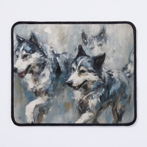 Item preview, Snowy Acrylic Huskies Running, 16" x 20" Canvas Art, Dark Silver & Aquamarine, Tanbi Kei Inspired, Emotive Brushwork, Oil Portraiture designed and sold by stateofhuman.