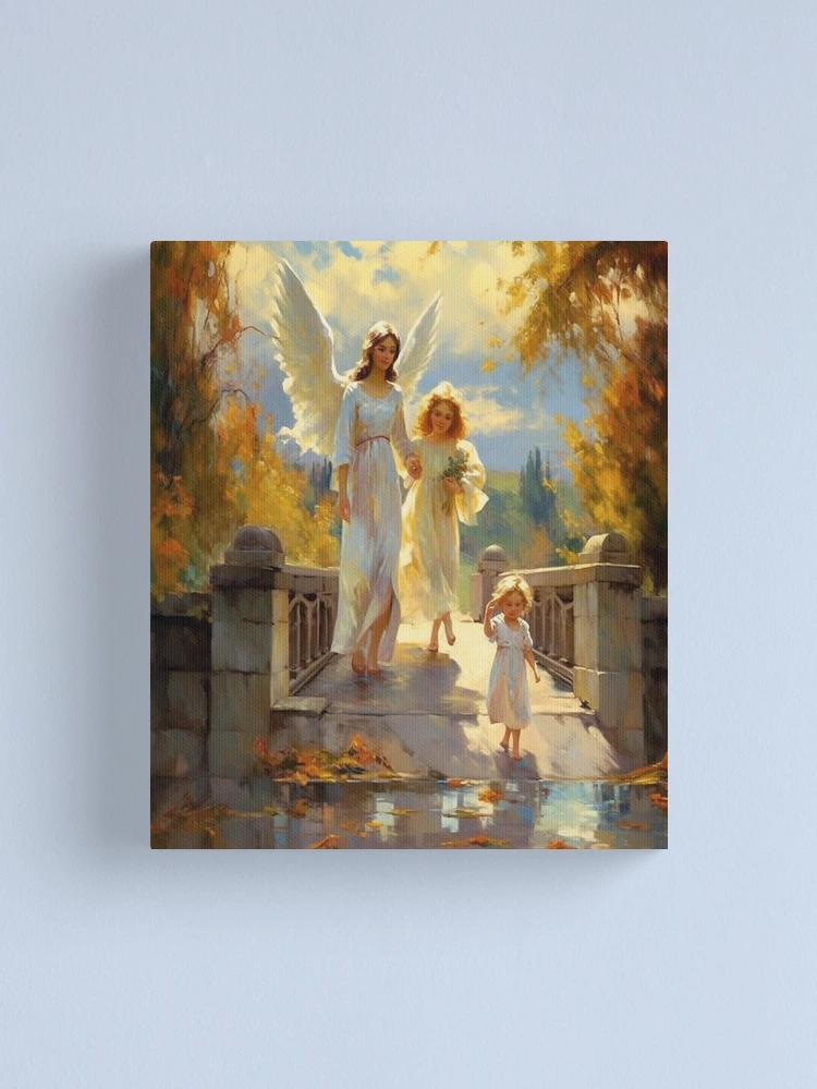 Guardian angel protection An angel and two kids are walking in front of a  bridge fairy wings Canvas Print for Sale by JanChryzostom