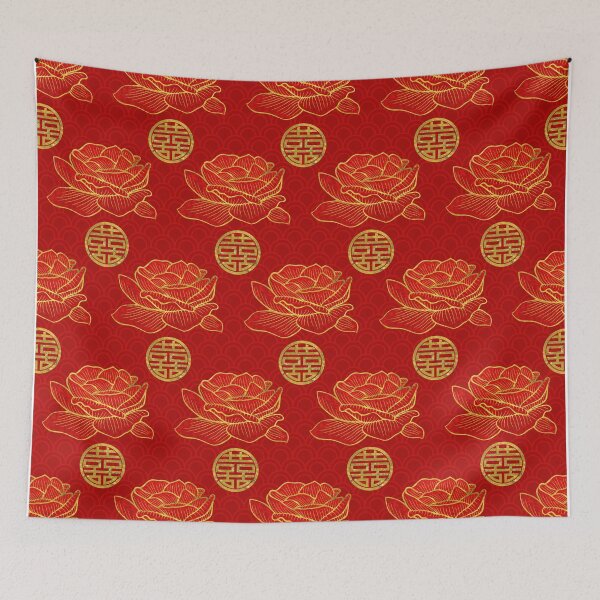 Item preview, Peonies and Gold Double Happiness Symbol Pattern designed and sold by k9printart.