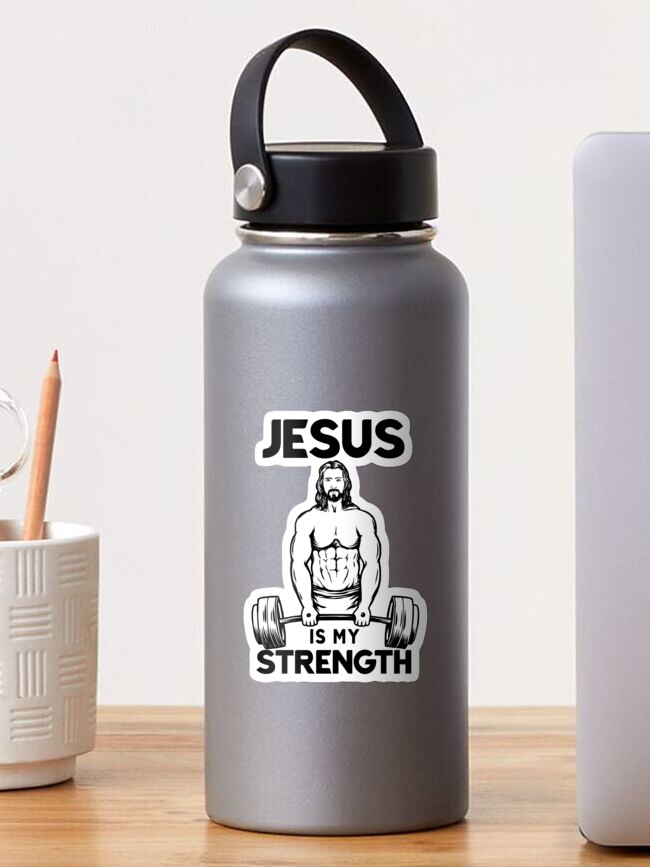 Thumbnail 1 of 3, Sticker, Jesus Deadlifting - Jesus Is my Strength designed and sold by ChristlikeMerch.