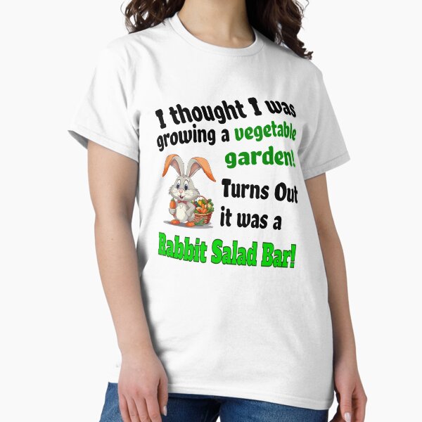 Item preview, Humorous, funny, gardening design of a rabbit stealing from a vegetable garden Classic T-Shirt designed and sold by Image-Caption.