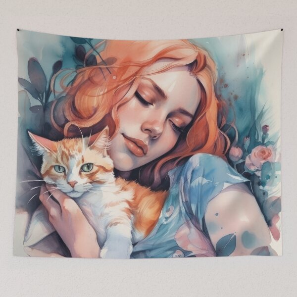 Item preview, Girl sleeping with a ginger cat designed and sold by theresa7131.