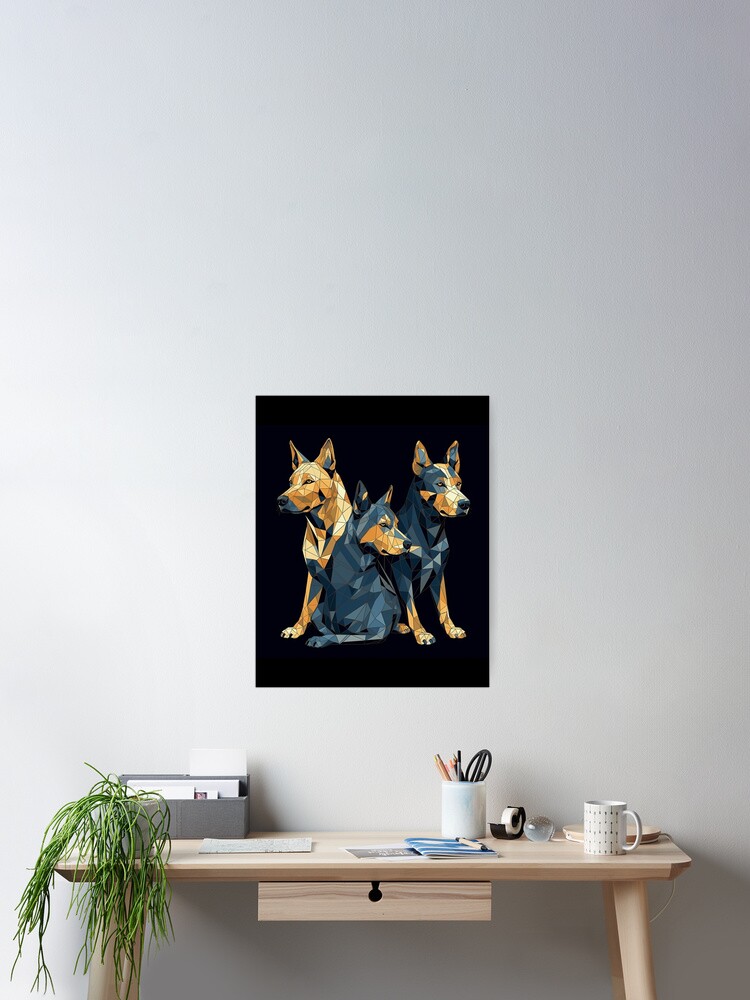 Imagen 2 de 3, Póster con la obra Modern Low Poly Australian Cattle Dogs Art Print, Geometric Wall Art, 16" x 20", Dark Blue & Amber, Digital Stencil Style Home Decor, diseñada y vendida por stateofhuman.