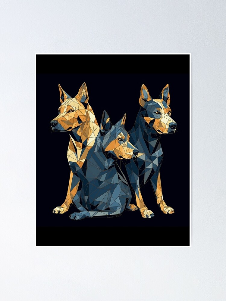 Thumbnail 1 von 3, Poster, Modern Low Poly Australian Cattle Dogs Art Print, Geometric Wall Art, 16" x 20", Dark Blue & Amber, Digital Stencil Style Home Decor designt und verkauft von stateofhuman.