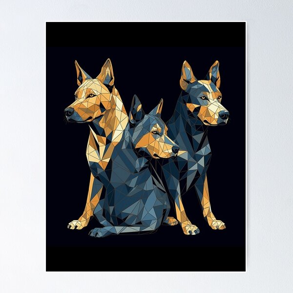 Item preview, Modern Low Poly Australian Cattle Dogs Art Print, Geometric Wall Art, 16" x 20", Dark Blue & Amber, Digital Stencil Style Home Decor designed and sold by stateofhuman.