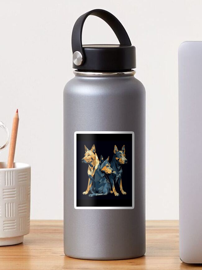 Imagen 1 de 3, Pegatina con la obra Modern Low Poly Australian Cattle Dogs Art Print, Geometric Wall Art, 16" x 20", Dark Blue & Amber, Digital Stencil Style Home Decor, diseñada y vendida por stateofhuman.