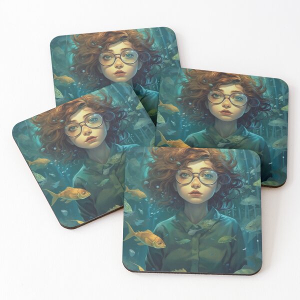 Item preview, Girl in glasses among fishes designed and sold by Ocean-Lana.