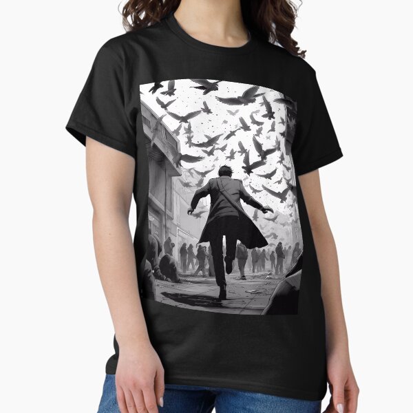 Item preview, The Birds - Black and White Manga scene inspired in Alfred Hitchcock masterpiece designed and sold by SingularityGeek.