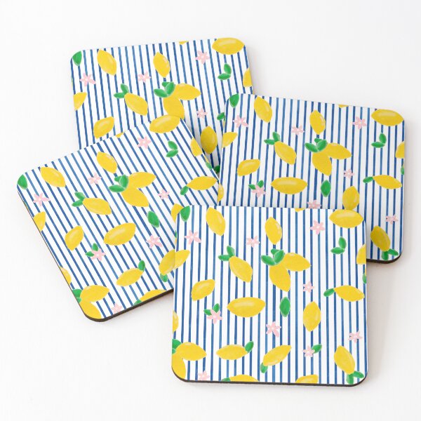 Item preview, Lemons on Blue Stripes Summer Fruit Fabric Nautical Blue Linen Stripes designed and sold by RegalitosParaTi.