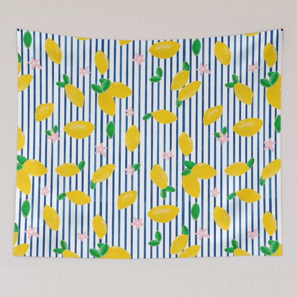 Item preview, Lemons on Blue Stripes Summer Fruit Fabric Nautical Blue Linen Stripes designed and sold by RegalitosParaTi.