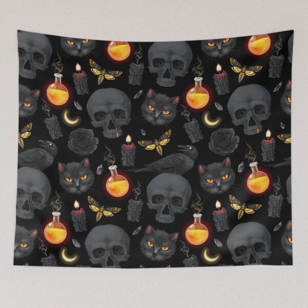 Item preview, Gothic Skulls Cats Candle Crows Moths Black Patterned designed and sold by Vicious Malicious.