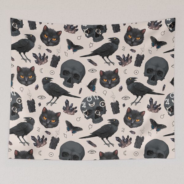 Item preview, Gothic Skulls Cats Candle Crows Moths Crystals Neutral Slate Patterned designed and sold by Vicious Malicious.