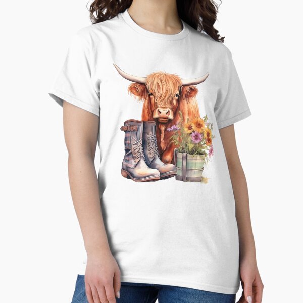 Vista previa del artículo con la obra «Vaca de las Tierras Altas de Escocia, botas de vaquero y flores», diseñado y vendido por DapperDanForge.