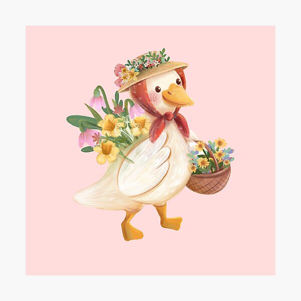 Country Garden Cute Duck and Daffodils Flower Photographic Print