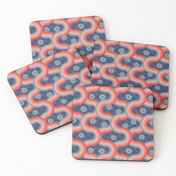 Item preview, KYOTO Japan-Inspired Graphic Pattern Clash Retro Wavy Geometric Stripes and Flowers in Rust Red Blush Gray on Blue Checkerboard - UnBlink Studio by Jackie Tahara designed and sold by Jackie Tahara of UnBlink Studio.