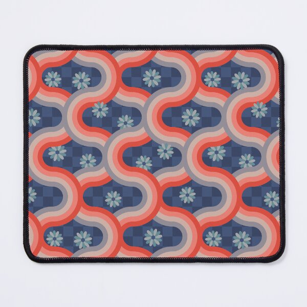 Item preview, KYOTO Japan-Inspired Graphic Pattern Clash Retro Wavy Geometric Stripes and Flowers in Rust Red Blush Gray on Blue Checkerboard - UnBlink Studio by Jackie Tahara designed and sold by Jackie Tahara of UnBlink Studio.