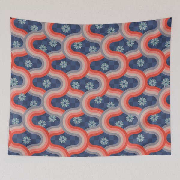 Item preview, KYOTO Japan-Inspired Graphic Pattern Clash Retro Wavy Geometric Stripes and Flowers in Rust Red Blush Gray on Blue Checkerboard - UnBlink Studio by Jackie Tahara designed and sold by Jackie Tahara of UnBlink Studio.