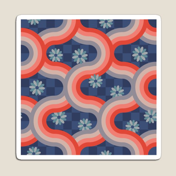 Vista previa del artículo con la obra «Patrón gráfico inspirado en Japón: rayas geométricas onduladas retro y flores en rojo óxido y gris ruborizado sobre tablero de ajedrez azul - UnBlink Studio de Jackie Tahara», diseñado y vendido por Jackie Tahara of UnBlink Studio.