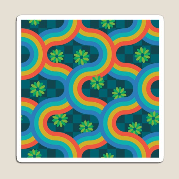Vista previa del artículo con la obra «KYOTO Patrón gráfico inspirado en Japón Choque de rayas y flores geométricas onduladas retro en colores brillantes del arco iris en el tablero de ajedrez verde azulado - UnBlink Studio de Jackie Tahara», diseñado y vendido por Jackie Tahara of UnBlink Studio.
