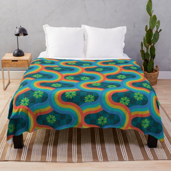 Item preview, KYOTO Japan-Inspired Graphic Pattern Clash Retro Wavy Geometric Stripes and Flowers in Bright Rainbow Colours on Teal Checkerboard - UnBlink Studio by Jackie Tahara designed and sold by Jackie Tahara of UnBlink Studio.
