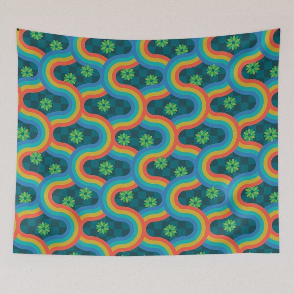 Item preview, KYOTO Japan-Inspired Graphic Pattern Clash Retro Wavy Geometric Stripes and Flowers in Bright Rainbow Colours on Teal Checkerboard - UnBlink Studio by Jackie Tahara designed and sold by Jackie Tahara of UnBlink Studio.