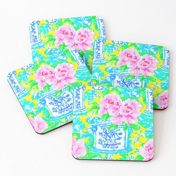 Item preview, Neon colors chinoiserie jars and peonies watercolor painting designed and sold by SophieClimaArt.