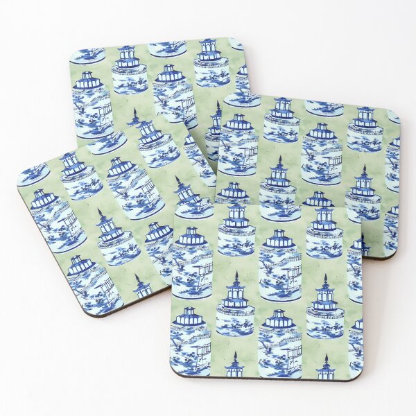 Item preview, Blue and white chinoiserie jars on sage green designed and sold by SophieClimaArt.