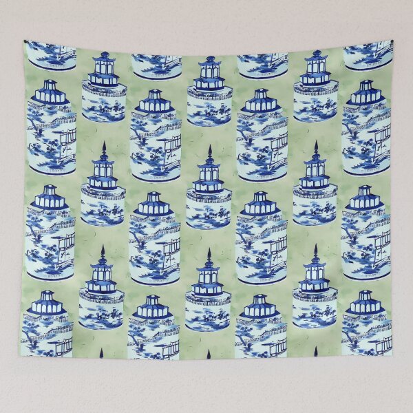Item preview, Blue and white chinoiserie jars on sage green designed and sold by SophieClimaArt.