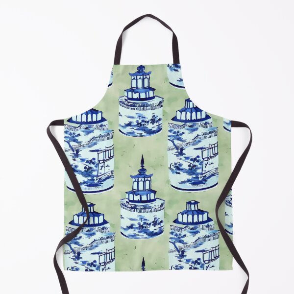 Item preview, Blue and white chinoiserie jars on sage green designed and sold by SophieClimaArt.
