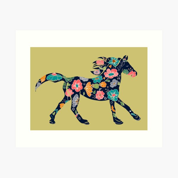 Floral Horse Silhouette, Spring Art Print