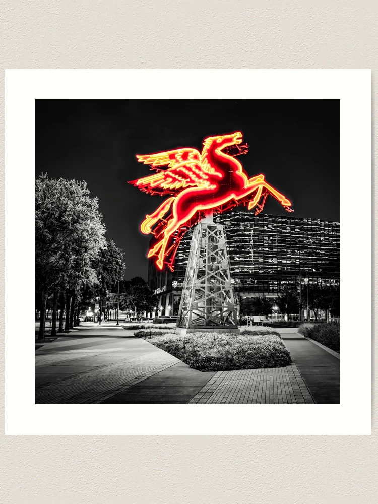 Red Flying Pegasus Texas Print, Dallas Neon Sign Art, Selective Color, Square Art, Landmark, shops Iconic, Cityscape, Skyline, Lone Star State