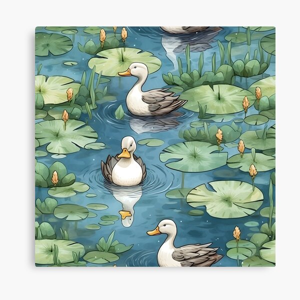 White Ducks Swimming around Lily Pads - Watercolour Canvas Print