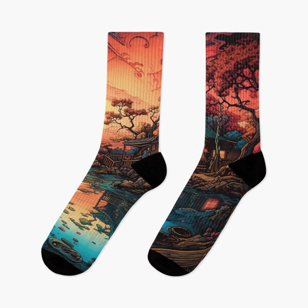 Item preview, The blazing sky and the guitar down the river- river-house-nature-trees-landscape-water-reflection-mountains designed and sold by Hermossa-Art.