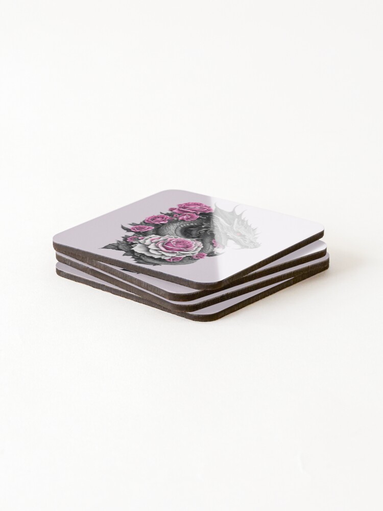 Thumbnail 4 of 5, Coasters (Set of 4), Dragon In Pink Roses designed and sold by ttntt.