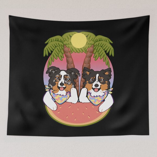 Item preview, mini Aussies on the beach during sunset black tri blue Merle mini American Shepherd designed and sold by mcdonnellshila.